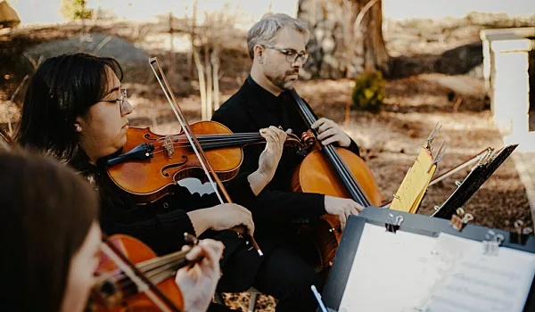 Violinist and cellist playing in string quartet at outdoor wedding